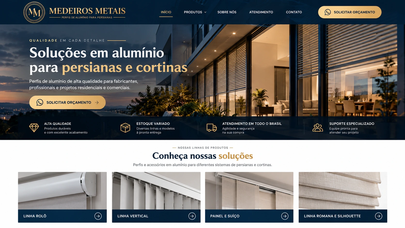 Medeiros Metais — soluções em alumínio para persianas e cortinas; linhas Rolô, Vertical, Painel e Suíço, Romana e Silhouette